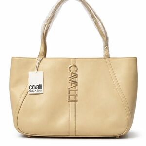Cavalli Class Cream Leather Tote with Logo Detail